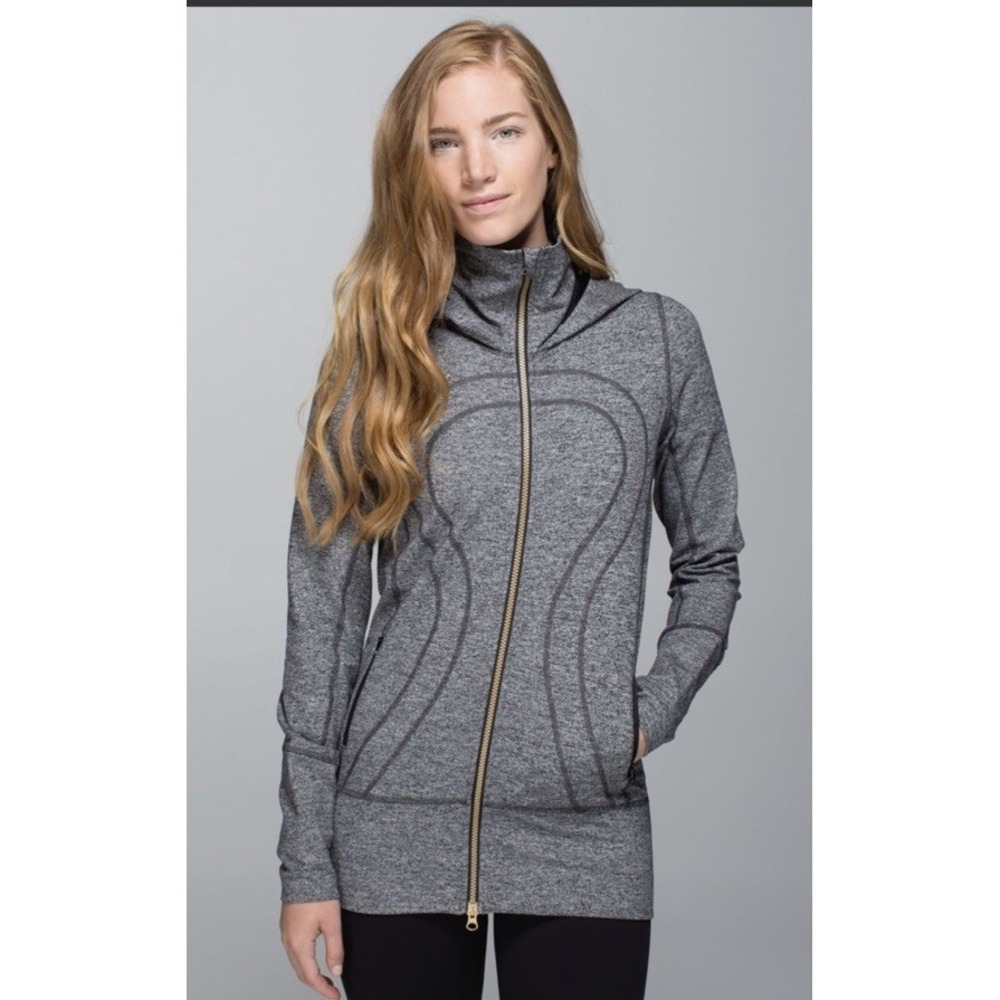 Lululemon Stride Jacket‎ II Heathered Black Full Zip Hooded Thumbholes Women's 2